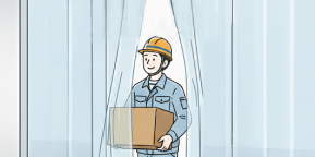 フリーハンドでのれんをくぐる作業員