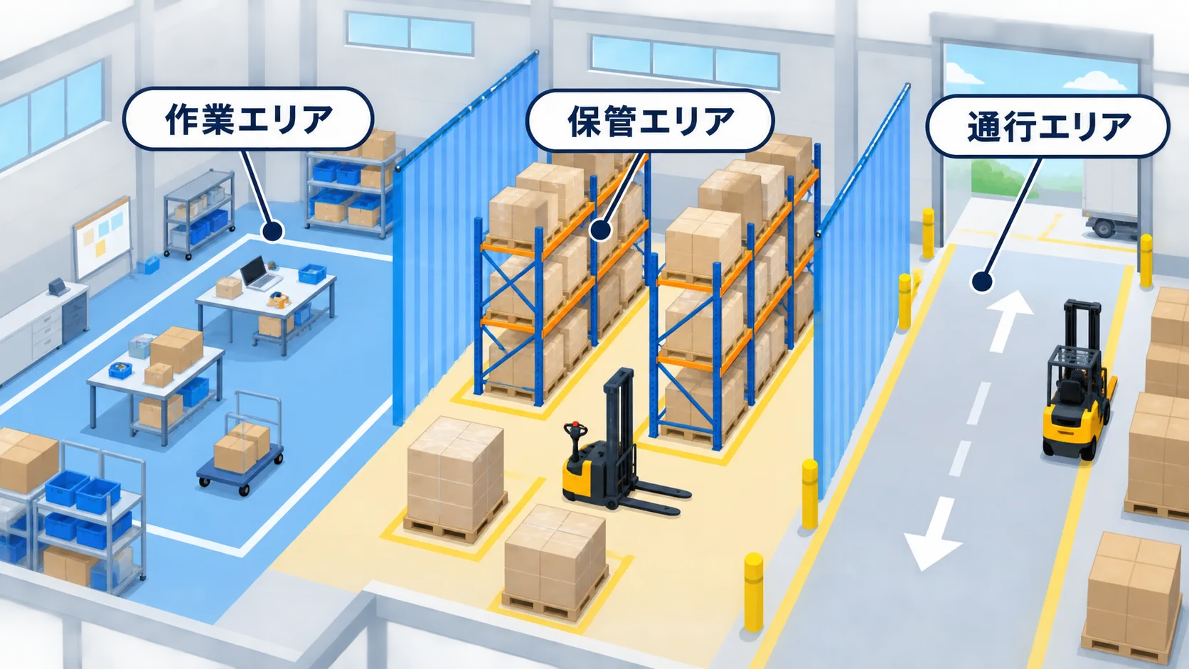 工場内を作業エリア・保管エリア・通行エリアに分けた間仕切りのイメージ図