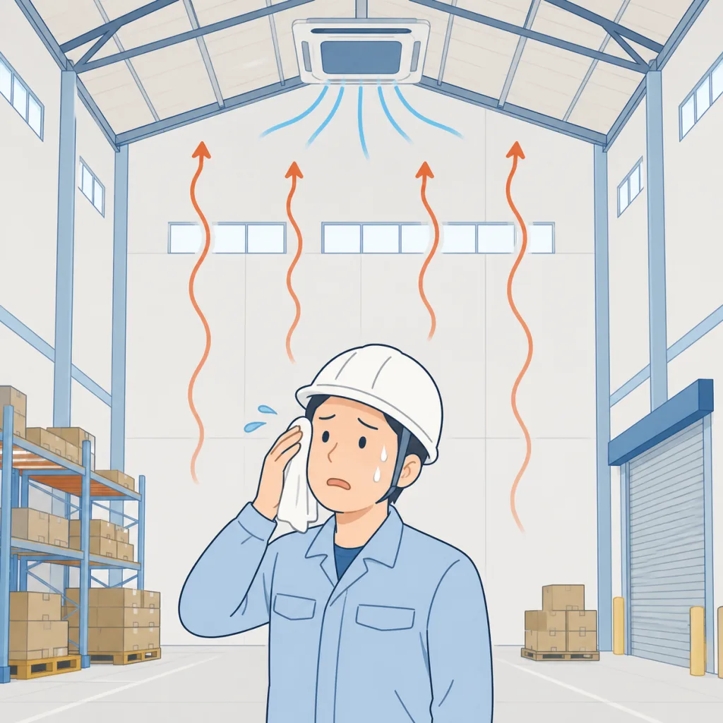 天井の高い倉庫内で汗を拭う作業員と、上に逃げていく空気のイメージイラスト