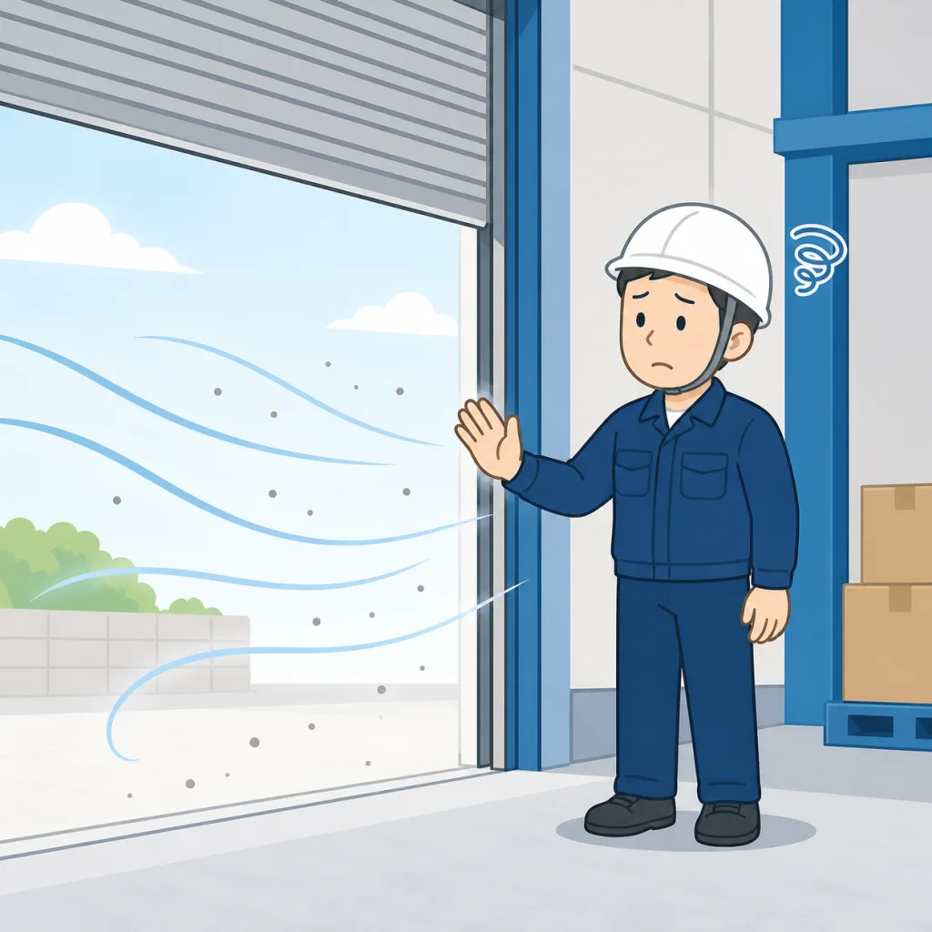 開いた搬入口から風とほこりが吹き込む様子のイメージイラスト
