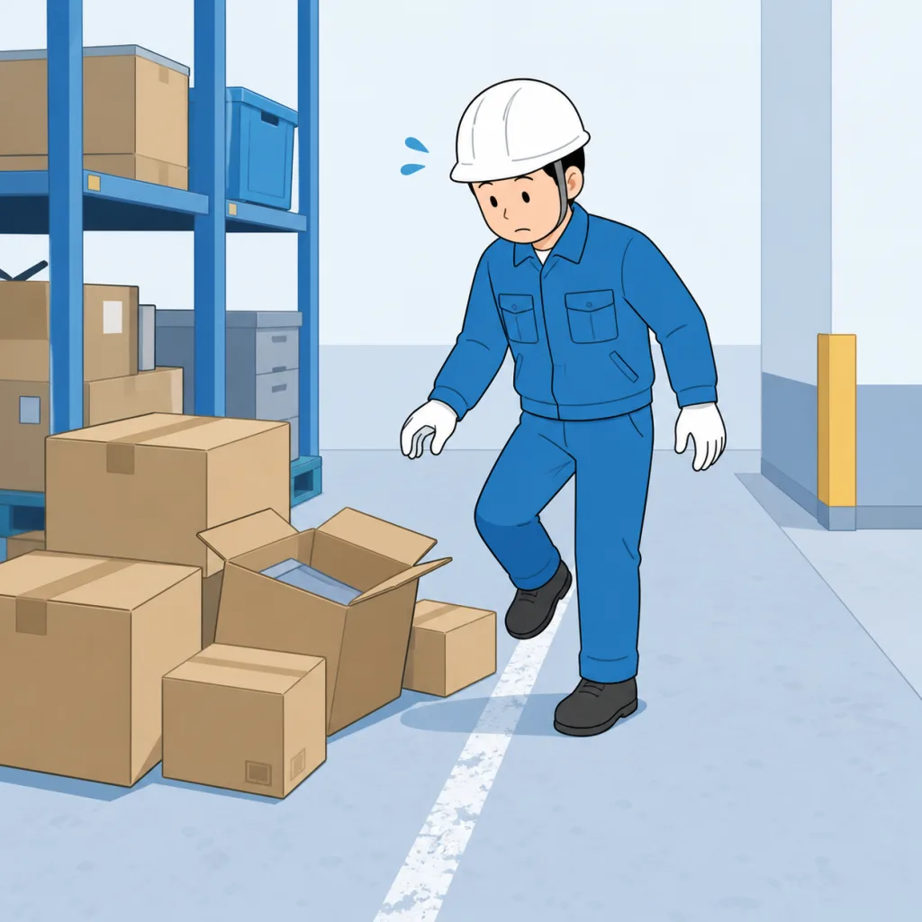 床のラインからはみ出した荷物を避けて歩く作業員のイメージイラスト