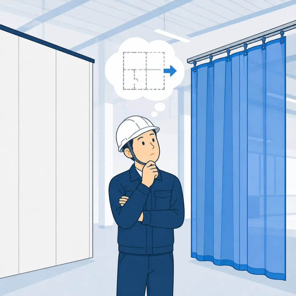固定壁と可動式の間仕切りカーテンを見比べて検討する作業員のイメージイラスト
